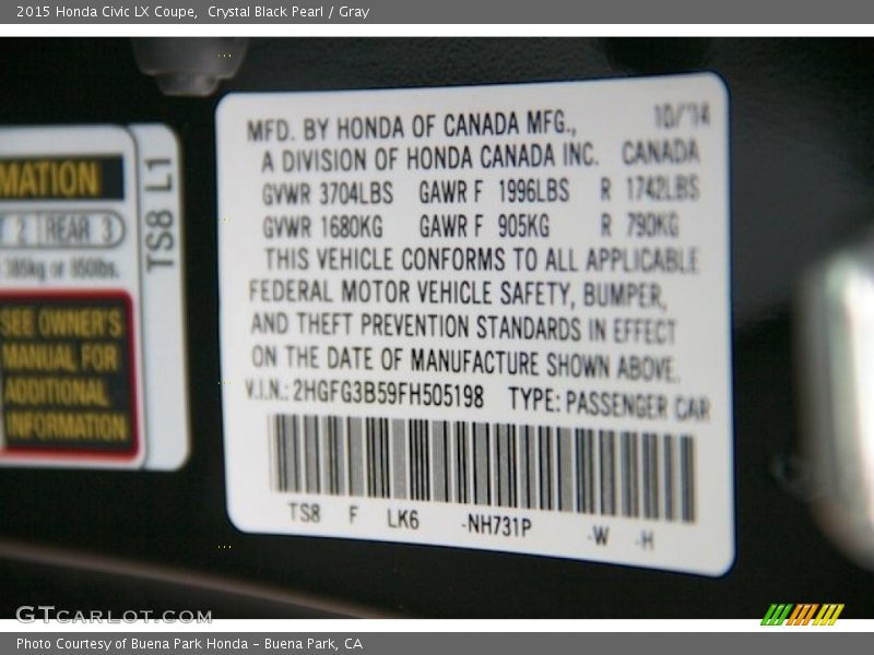 Crystal Black Pearl / Gray 2015 Honda Civic LX Coupe