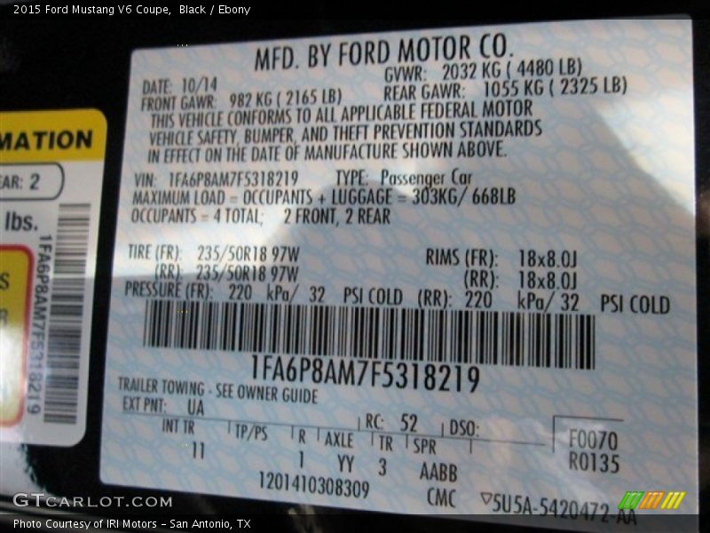 2015 Mustang V6 Coupe Black Color Code UA