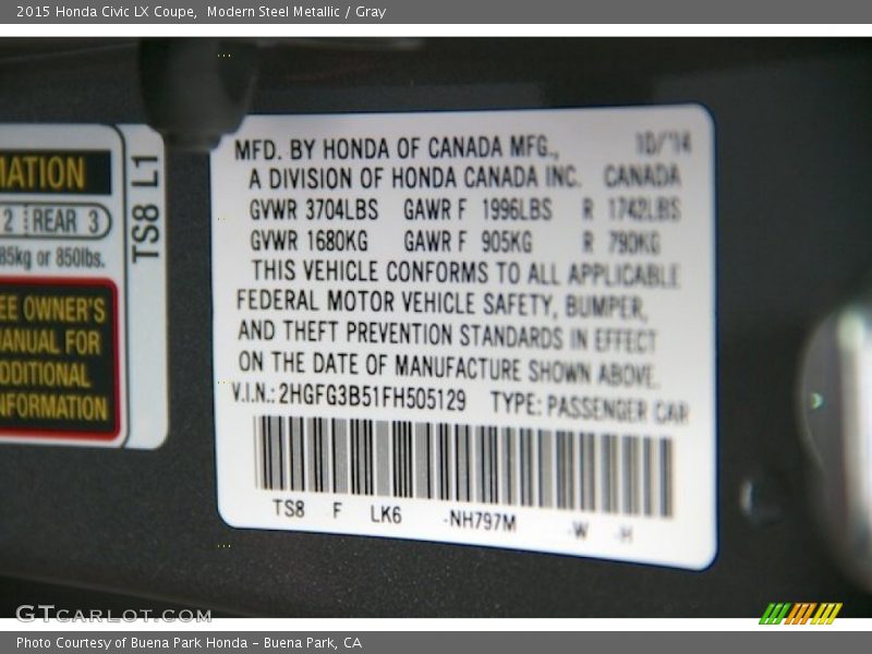 Modern Steel Metallic / Gray 2015 Honda Civic LX Coupe