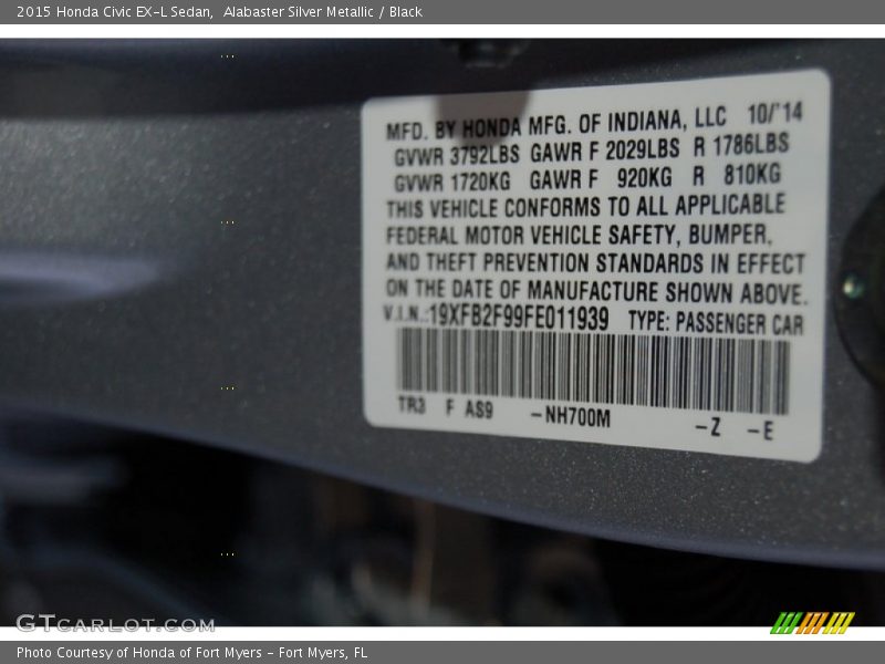2015 Civic EX-L Sedan Alabaster Silver Metallic Color Code NH700M