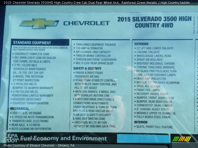  2015 Silverado 3500HD High Country Crew Cab Dual Rear Wheel 4x4 Window Sticker