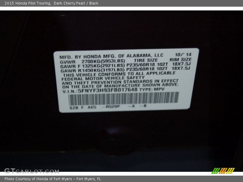 Dark Cherry Pearl / Black 2015 Honda Pilot Touring