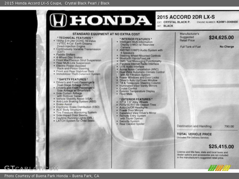  2015 Accord LX-S Coupe Window Sticker