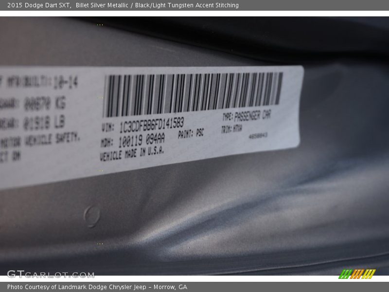 Billet Silver Metallic / Black/Light Tungsten Accent Stitching 2015 Dodge Dart SXT