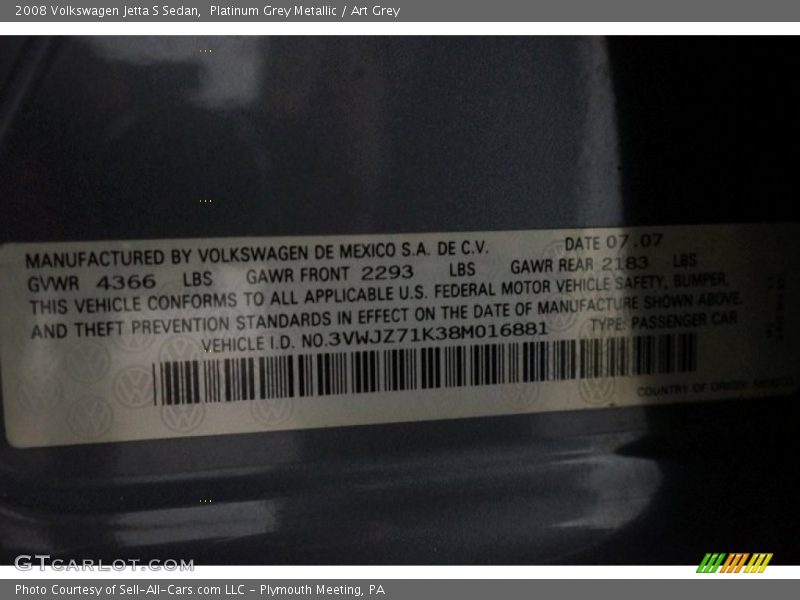Platinum Grey Metallic / Art Grey 2008 Volkswagen Jetta S Sedan