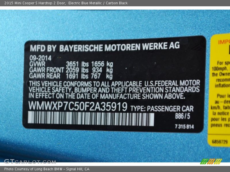 2015 Cooper S Hardtop 2 Door Electric Blue Metallic Color Code B86