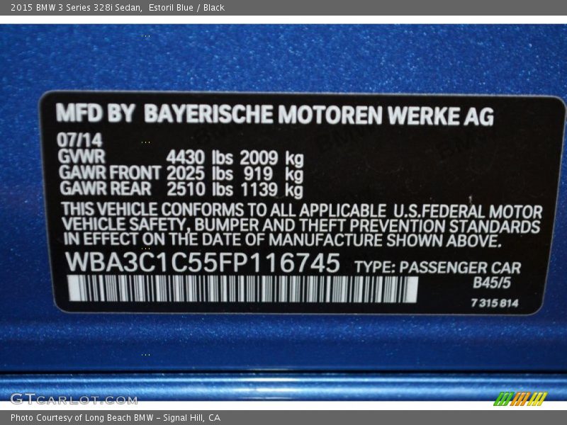 2015 3 Series 328i Sedan Estoril Blue Color Code B45
