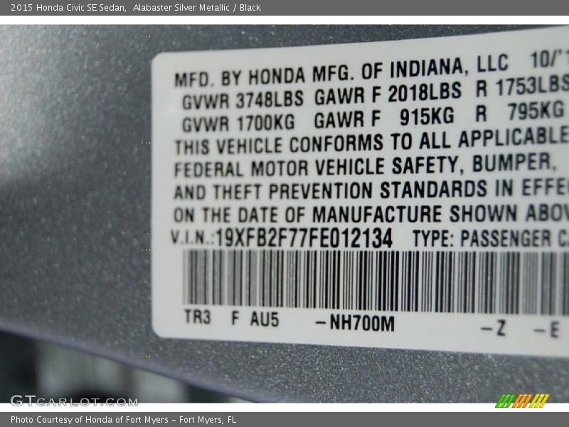 Alabaster Silver Metallic / Black 2015 Honda Civic SE Sedan