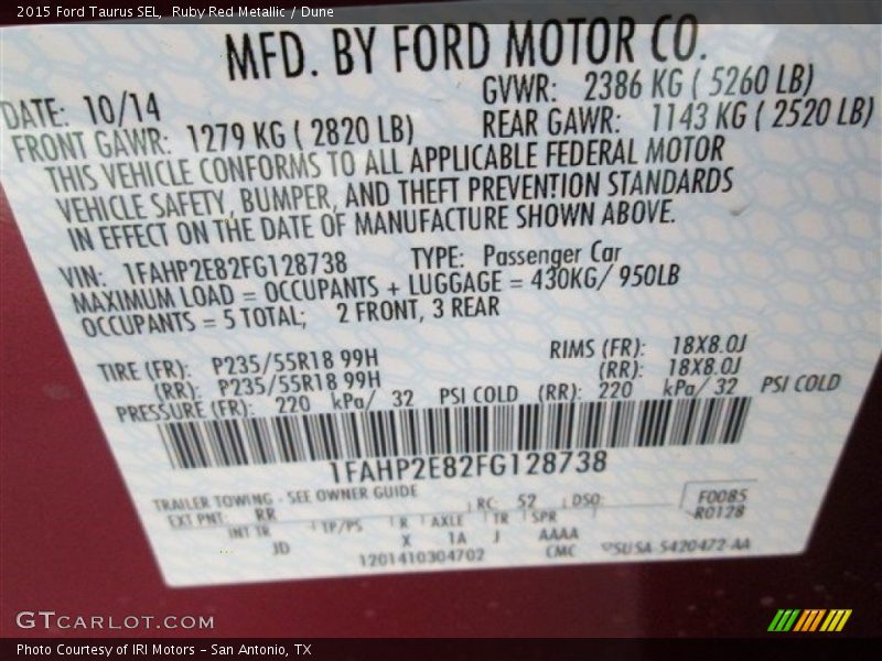 Ruby Red Metallic / Dune 2015 Ford Taurus SEL