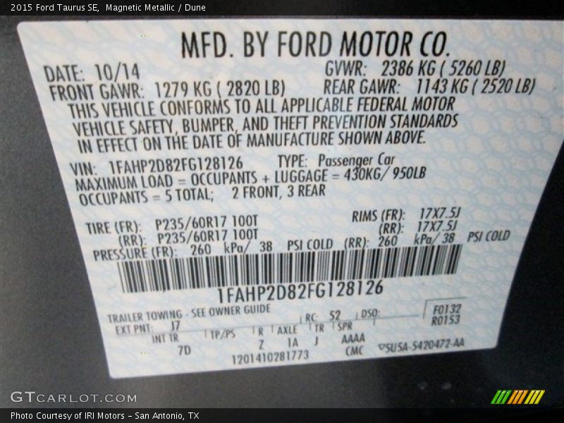 2015 Taurus SE Magnetic Metallic Color Code J7