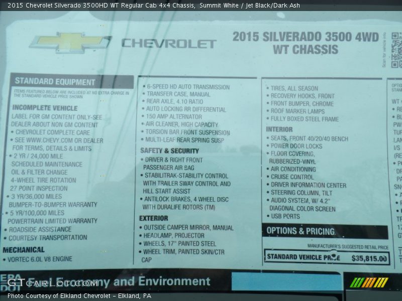  2015 Silverado 3500HD WT Regular Cab 4x4 Chassis Window Sticker