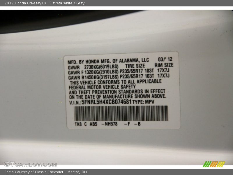 Taffeta White / Gray 2012 Honda Odyssey EX