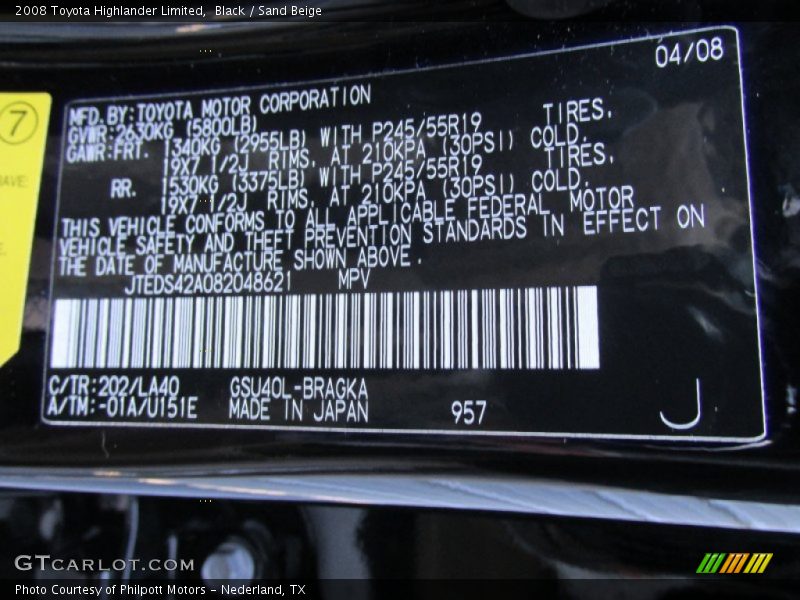 Black / Sand Beige 2008 Toyota Highlander Limited