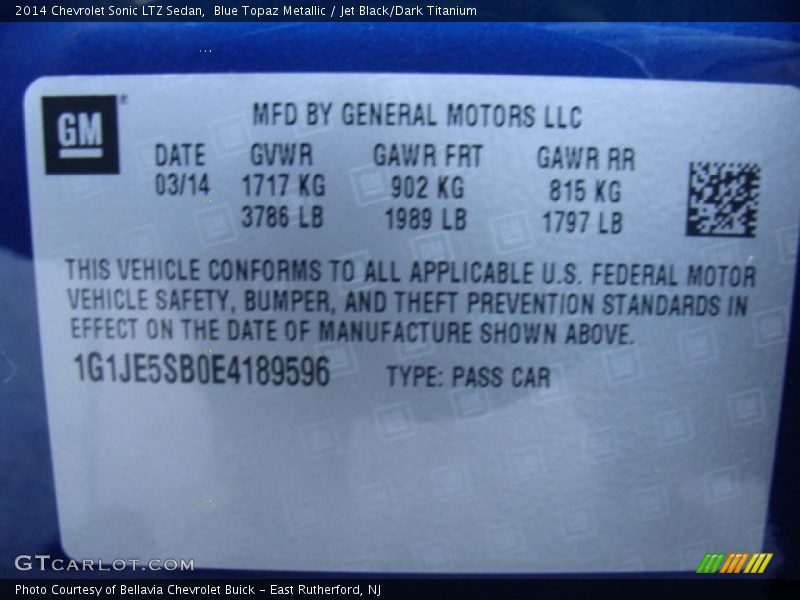 Blue Topaz Metallic / Jet Black/Dark Titanium 2014 Chevrolet Sonic LTZ Sedan