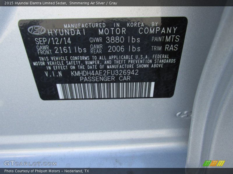 Shimmering Air Silver / Gray 2015 Hyundai Elantra Limited Sedan