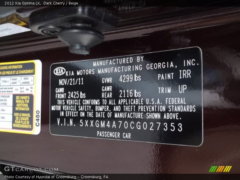 Dark Cherry / Beige 2012 Kia Optima LX