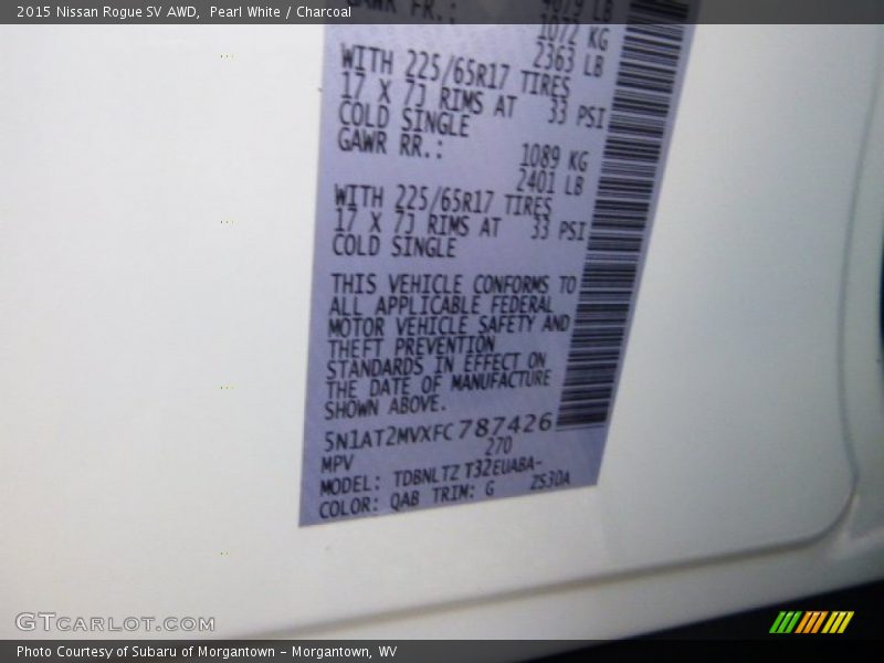 Pearl White / Charcoal 2015 Nissan Rogue SV AWD