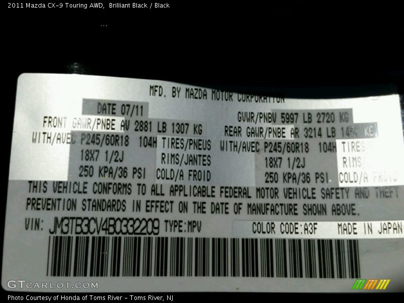 Brilliant Black / Black 2011 Mazda CX-9 Touring AWD