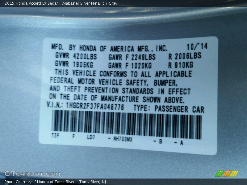 Alabaster Silver Metallic / Gray 2015 Honda Accord LX Sedan