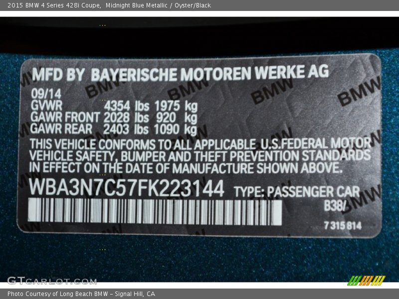 2015 4 Series 428i Coupe Midnight Blue Metallic Color Code B38