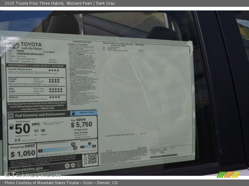 Blizzard Pearl / Dark Gray 2015 Toyota Prius Three Hybrid