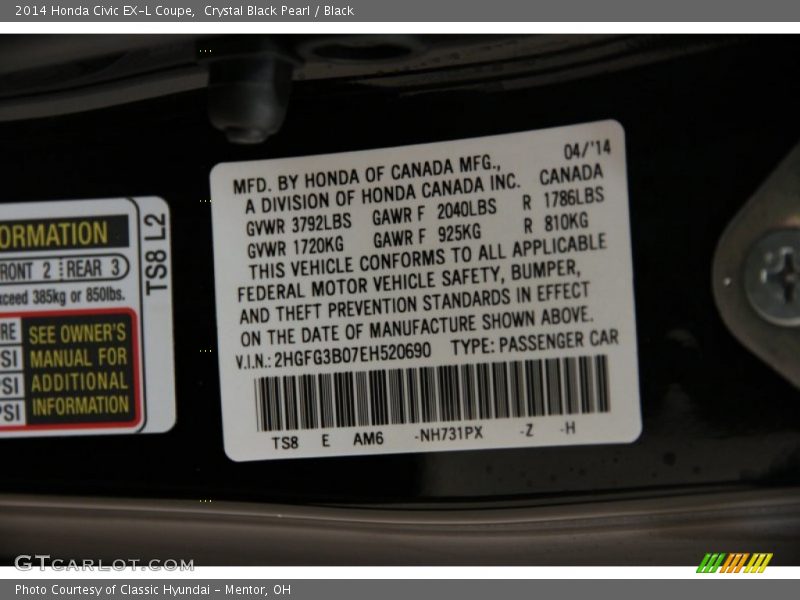 Crystal Black Pearl / Black 2014 Honda Civic EX-L Coupe