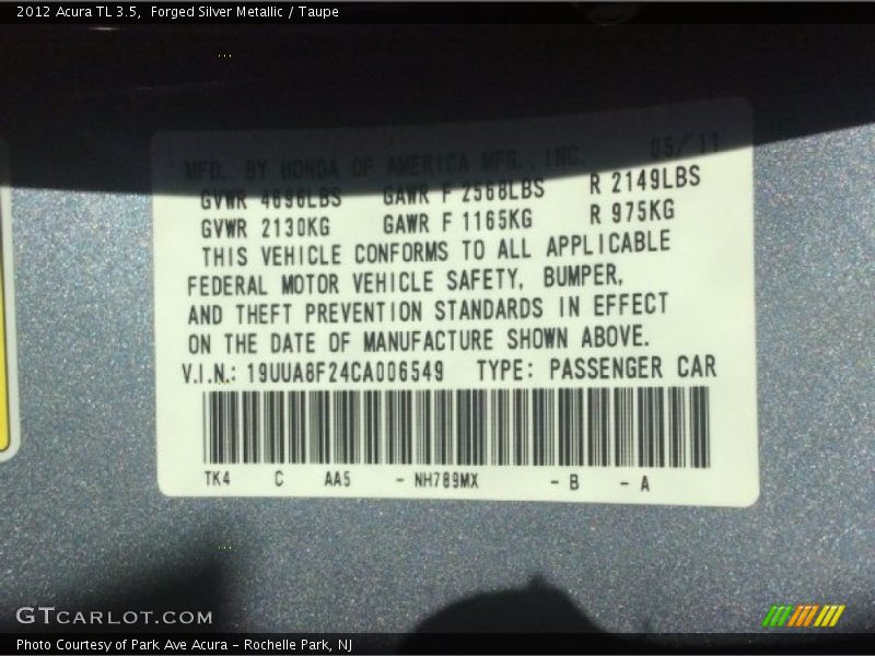 Forged Silver Metallic / Taupe 2012 Acura TL 3.5