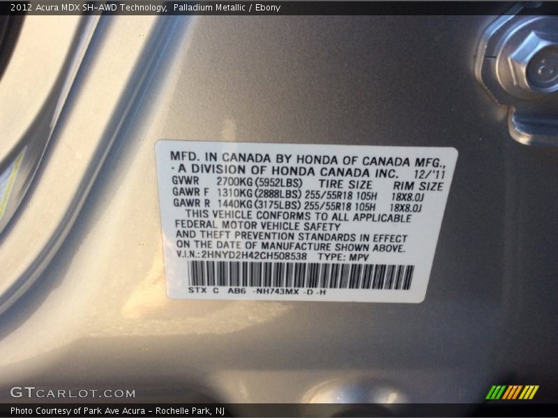 Palladium Metallic / Ebony 2012 Acura MDX SH-AWD Technology