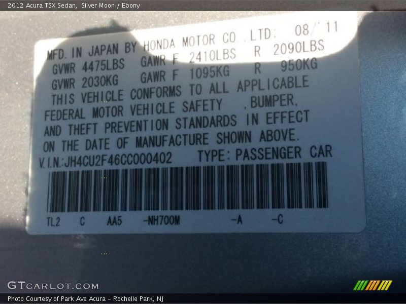 Silver Moon / Ebony 2012 Acura TSX Sedan