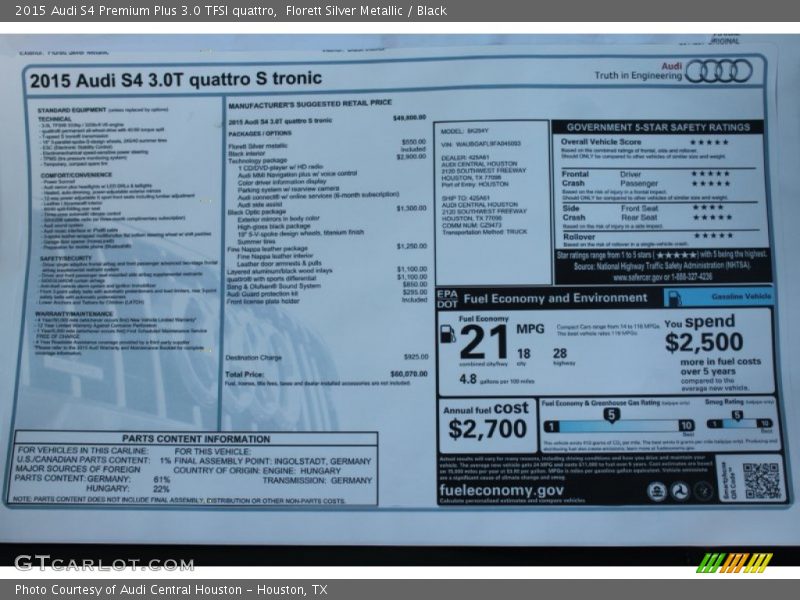 Florett Silver Metallic / Black 2015 Audi S4 Premium Plus 3.0 TFSI quattro