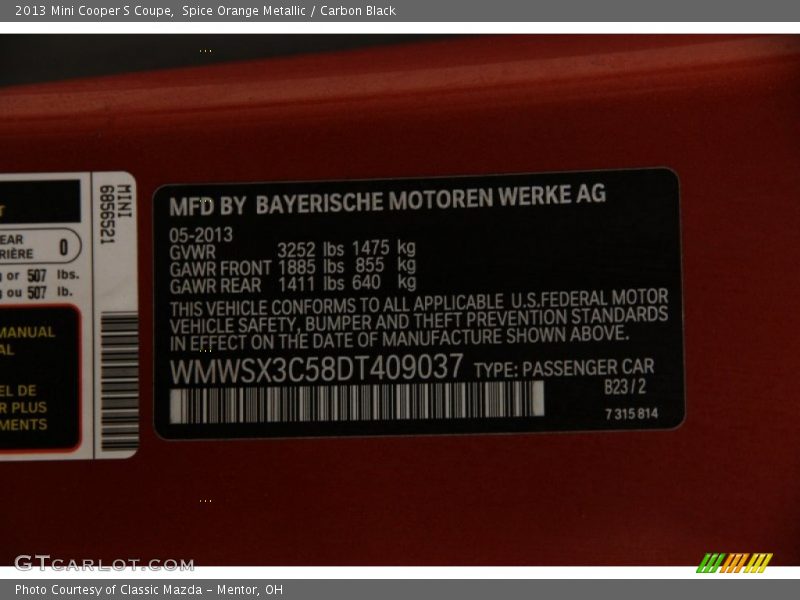 Spice Orange Metallic / Carbon Black 2013 Mini Cooper S Coupe