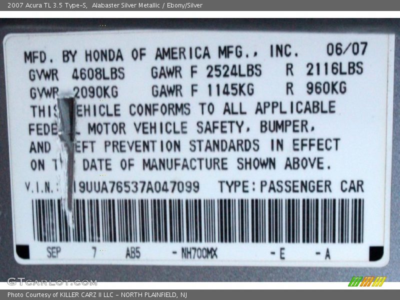 Alabaster Silver Metallic / Ebony/Silver 2007 Acura TL 3.5 Type-S