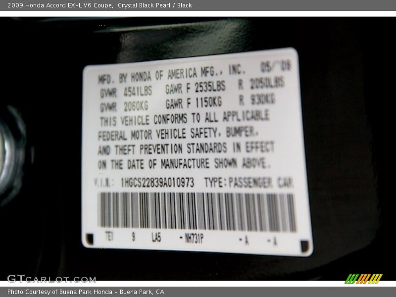 Crystal Black Pearl / Black 2009 Honda Accord EX-L V6 Coupe