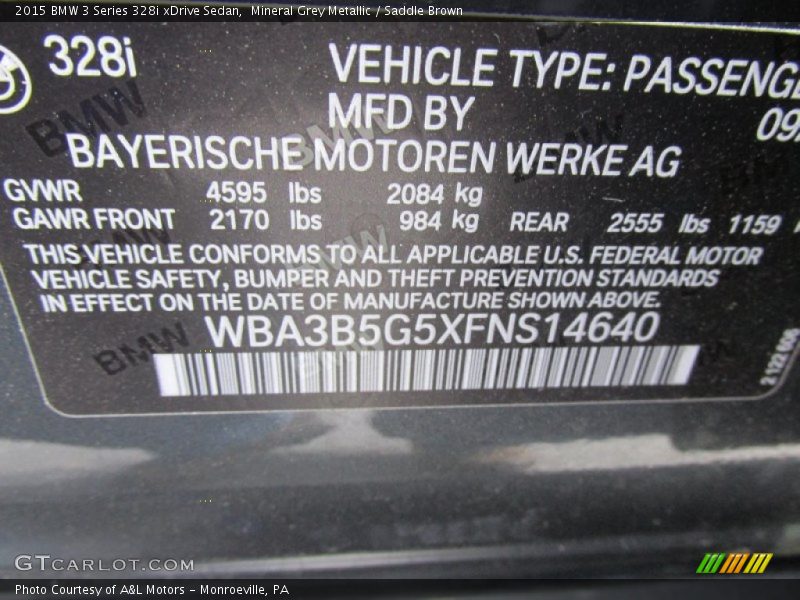 Mineral Grey Metallic / Saddle Brown 2015 BMW 3 Series 328i xDrive Sedan