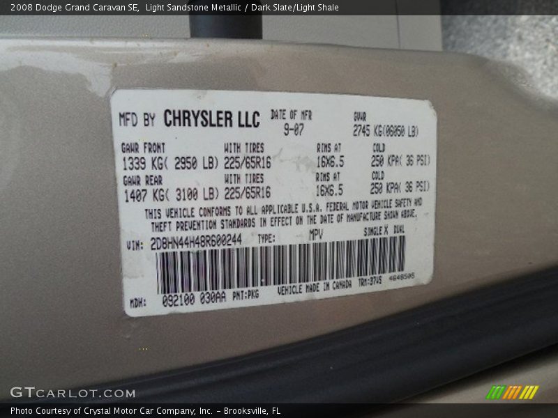 Light Sandstone Metallic / Dark Slate/Light Shale 2008 Dodge Grand Caravan SE
