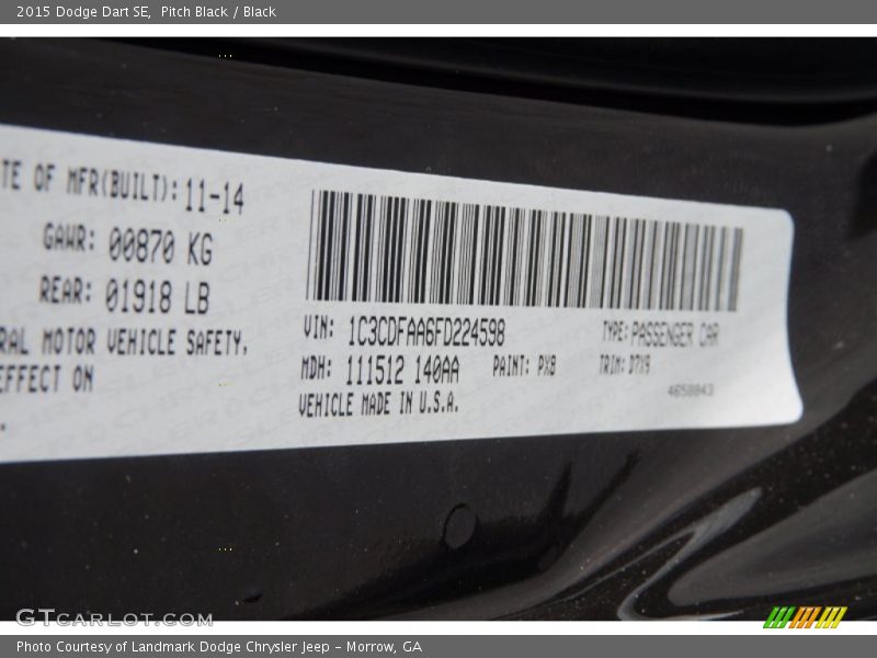 Pitch Black / Black 2015 Dodge Dart SE