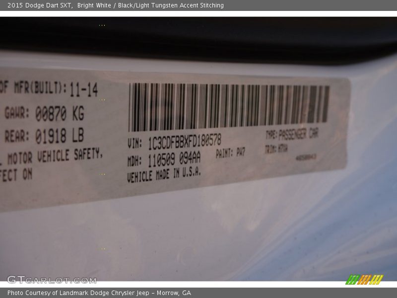 Bright White / Black/Light Tungsten Accent Stitching 2015 Dodge Dart SXT