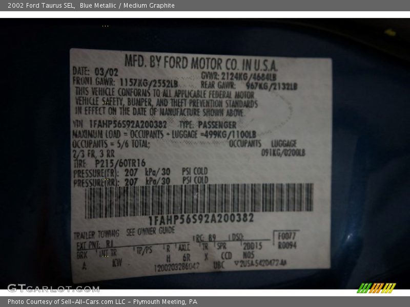 Blue Metallic / Medium Graphite 2002 Ford Taurus SEL