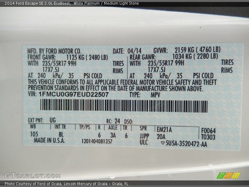 White Platinum / Medium Light Stone 2014 Ford Escape SE 2.0L EcoBoost