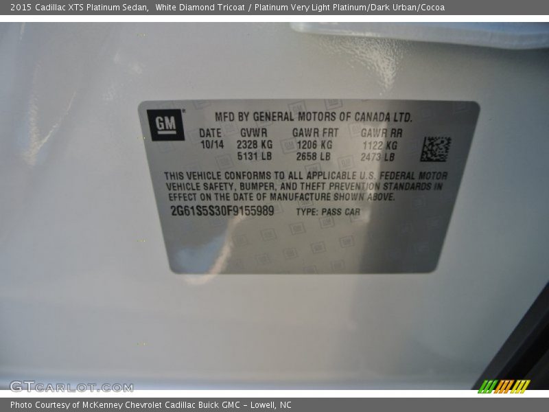 Info Tag of 2015 XTS Platinum Sedan