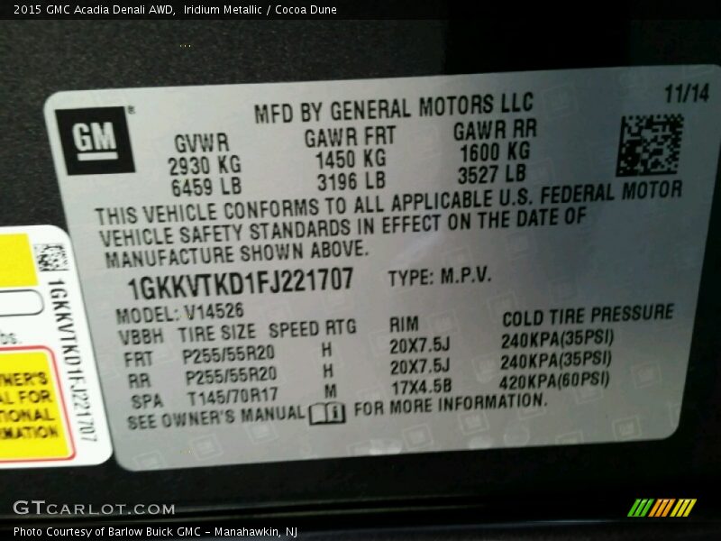 Iridium Metallic / Cocoa Dune 2015 GMC Acadia Denali AWD