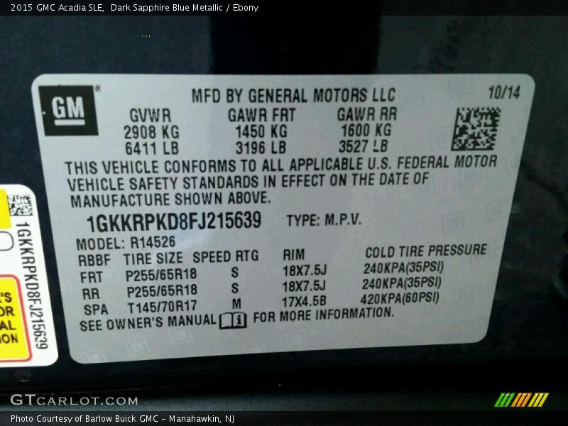 Dark Sapphire Blue Metallic / Ebony 2015 GMC Acadia SLE