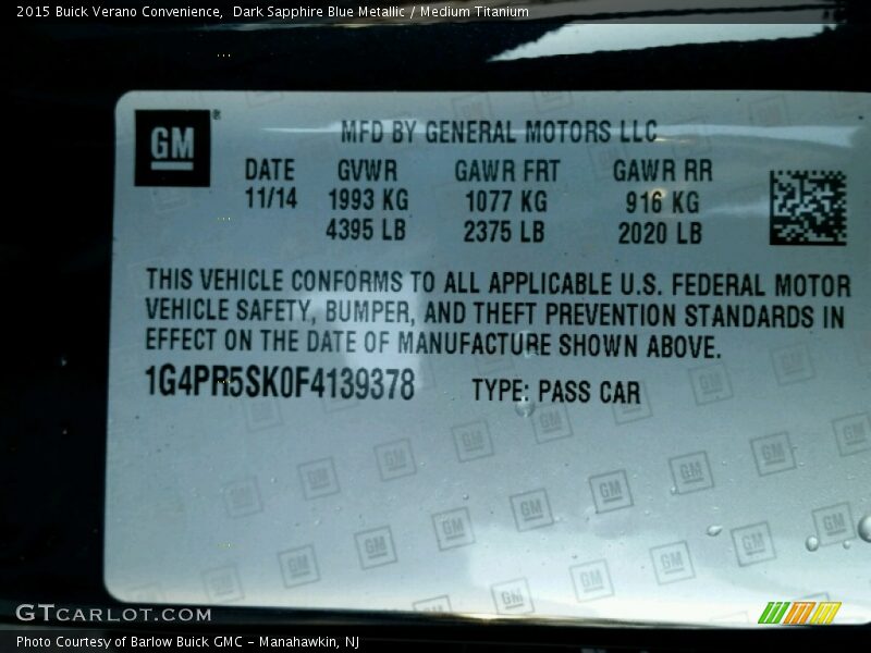 Dark Sapphire Blue Metallic / Medium Titanium 2015 Buick Verano Convenience