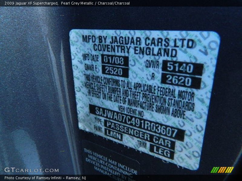 Pearl Grey Metallic / Charcoal/Charcoal 2009 Jaguar XF Supercharged