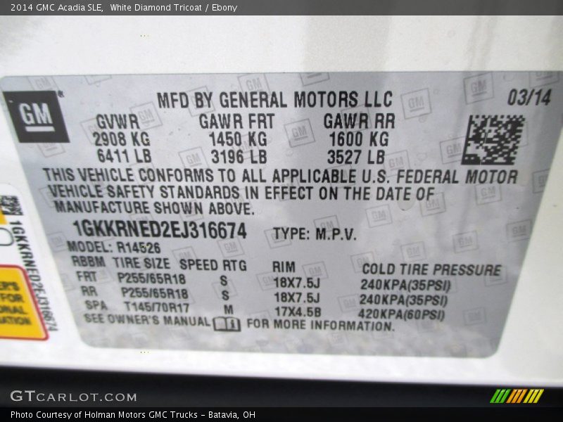 White Diamond Tricoat / Ebony 2014 GMC Acadia SLE