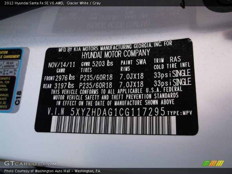 Glacier White / Gray 2012 Hyundai Santa Fe SE V6 AWD