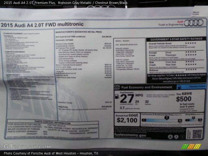 2015 A4 2.0T Premium Plus Window Sticker