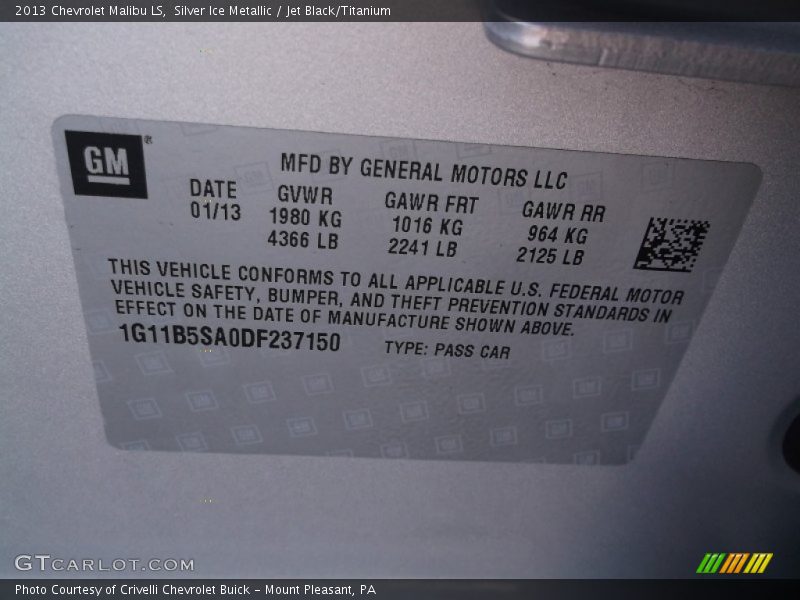 Silver Ice Metallic / Jet Black/Titanium 2013 Chevrolet Malibu LS