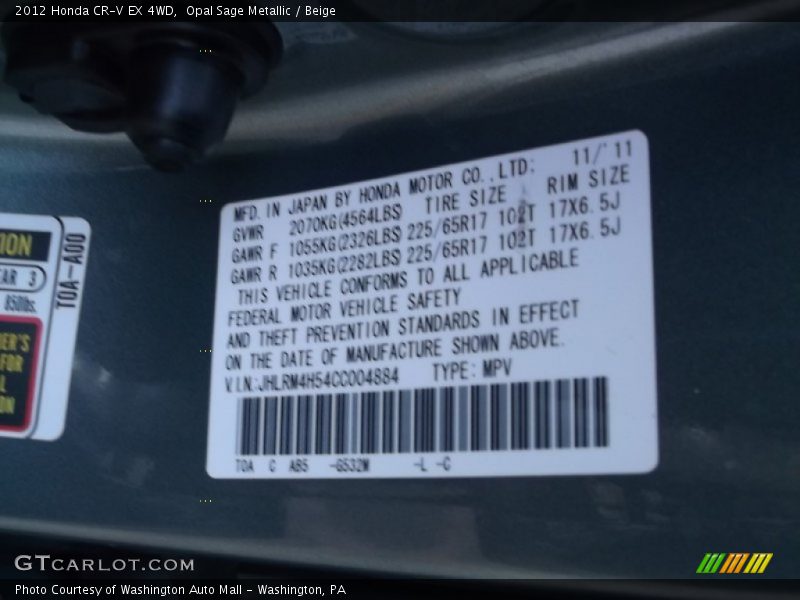 Opal Sage Metallic / Beige 2012 Honda CR-V EX 4WD