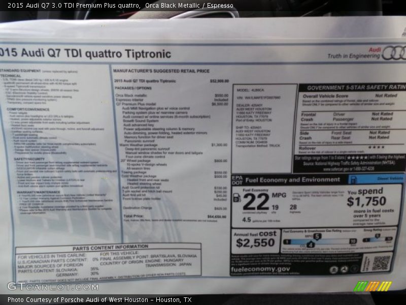  2015 Q7 3.0 TDI Premium Plus quattro Window Sticker